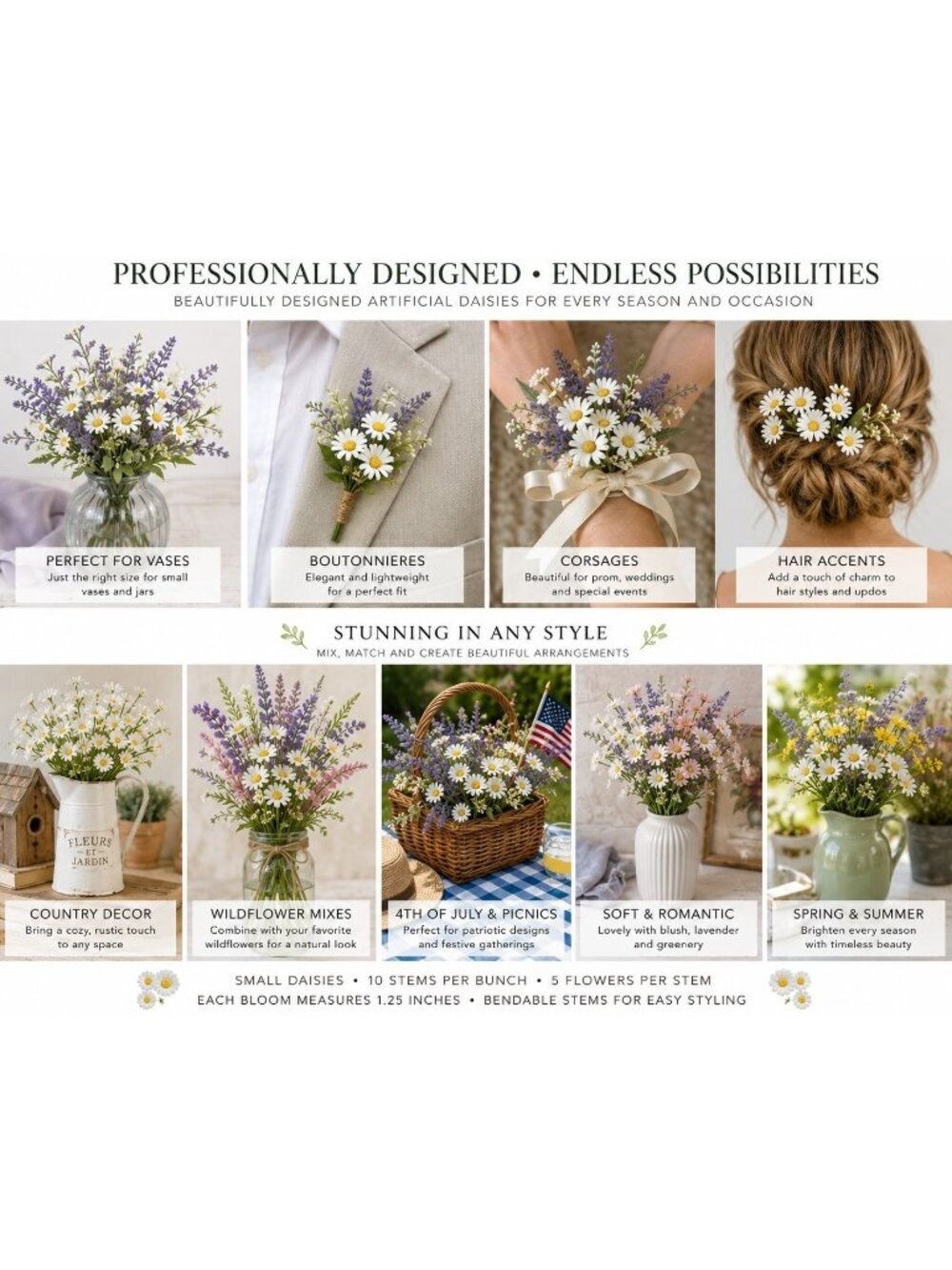White Daisy Stems Artificial Flowers 10 Count - Picture 12 of 12
